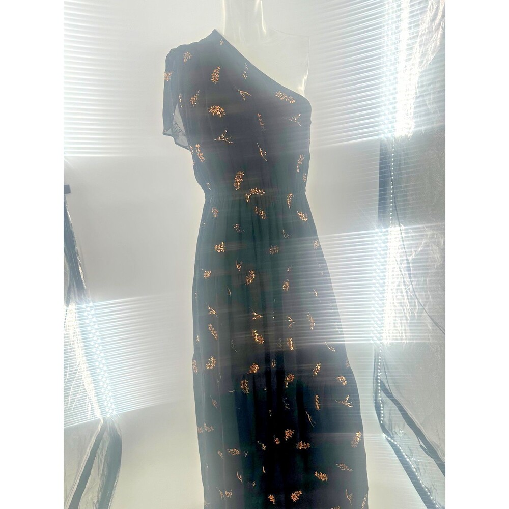 Hale Bob Hollynn Asymmetrical One Shoulder Metallic Foil Maxi Dress Black Size M